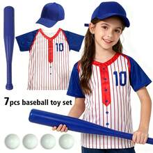 Conjunto de 7 piezas de disfraz de jugador de béisbol para niños, incluye 4 pelotas de béisbol, jersey de béisbol, gorra y bate, juguetes de vestir y juego de roles para exteriores para niños y niñas, conjunto de juguetes ideal para niños, disfraz para fiestas, gran regalo para cumpleaños, Navidad, Año Nuevo, vuelta al colegio - Azul - Ver 4