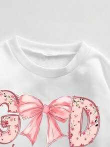 Young Girl Slogan Bow Print Crew Neck Sweatshirt And Flare Pants Casual Outfit - White - View 4