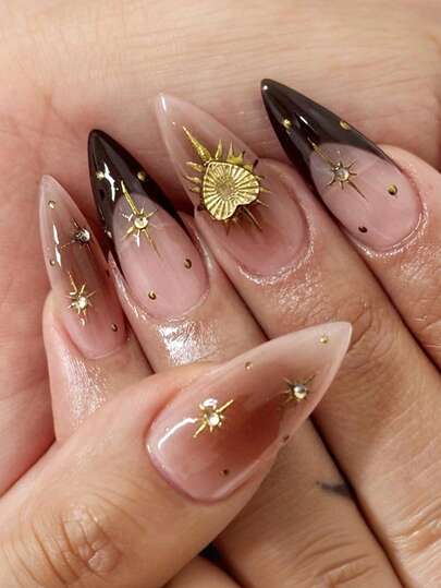 24pcs French Manicure Nail Stickers, Medium Almond Shape, Starry Decor, 3D Alloy Heart Rhinestone Design, XXL/XXXL Pointed Retro Style, Smooth Surface, Full Coverage False Nails, Suitable For Women And Girls Daily Wear Nail Supplies