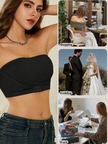 Women's Strapless Bra, Button Front Closure, Removable Pads, Seamless Wireless Bralette, Racerback, Comfortable Casual Camisole Bra, Basic Style - Black - View 5