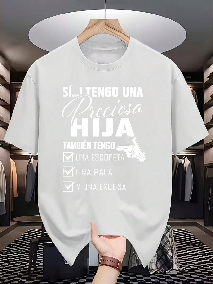 Men's 100% Cotton T-Shirt with Spanish "Sí...Tengo Hija" Print, Short Sleeve Round Neck Tee for Daily Wear, Machine Washable Regular Fit | Mexico Market Tee - Blanco - Ver 1