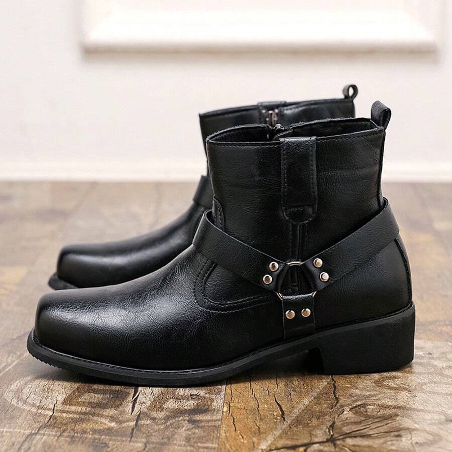 时尚机车风黑色切尔西踝靴，男士复古做旧皮革皮带扣装饰，防滑粗跟踝靴，适合日常通勤，男士高帮皮鞋 - 黑色 - 查看 1