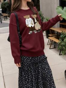 2026秋冬新款百搭復古卡通熊刺繡圓領寬鬆女款大尺碼長袖毛衣，適合外出、約會、假期、開學、畢業、街頭Y2K學院風、秋季、通勤、派對、萬聖節、聖誕節 - 酒紅色 - 查看 7