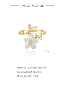 Adjustable S925 Sterling Silver Open Ring, Branch & Leaf Design, Stackable, Inlaid With Cut Gemstone/Cubic Zirconia, Suitable For Stacking Promise Rings - Gold - View 9