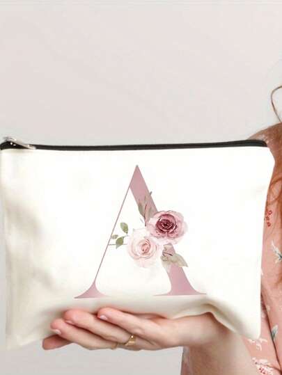 Customizable Makeup Bag | Bright Floral & Butterfly Letter Print Makeup Pouch | White Background, Vibrant Pattern, Zipper Closure, Perfect Gift For Women, Mothers, Daughters, Best Friends, Teachers - Essential For Graduation, Weddings, Vacations, Travel Cosmetic Bag, Personal Care Organizer, Unique Design, Exquisite Craftsmanship