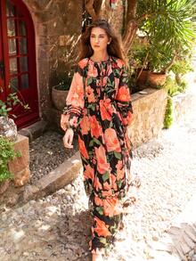 Faeriesty 优雅浪漫的印花雪纺飘逸长裙，饰以醒目的花卉图案和绿叶点缀，层叠荷叶边下摆 | 适合女士花园婚礼和海边夏日夜晚，度假必备黑色春季派对 - 黑色 - 查看 8