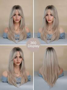 7JHH WIGS Elegant 24-Inch Long Blonde Ombre Layered Wig With Curtain Bangs For Women Daily Wear, Natural Synthetic Heat Resistant Fiber Hair, Middle Part Loose Wave White Golden Wigs For Music Festival Use, Mather's Day Gift Wig Accessories - 亞麻金 - 查看 6