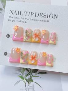 10pcs Handmade Y2K Nails Chic Duckbill Press On Nails Set - Handcrafted, Pink And Yellow French Style, 3D Handmade Flowers, Hand Drawn Pink Flowers, Pink Little Flower Elements Design, Sparkling Rhinestone & Golden Butterfly Accents - Suitable For Women And Girls, Party, Wedding, Daily Wear, Includes Tool Kit. Duck Nails. Press On Short Nails. Handmade Acrylic Press On Nails. Fake Nails. Nail Supplies - 彩色 - 查看 10