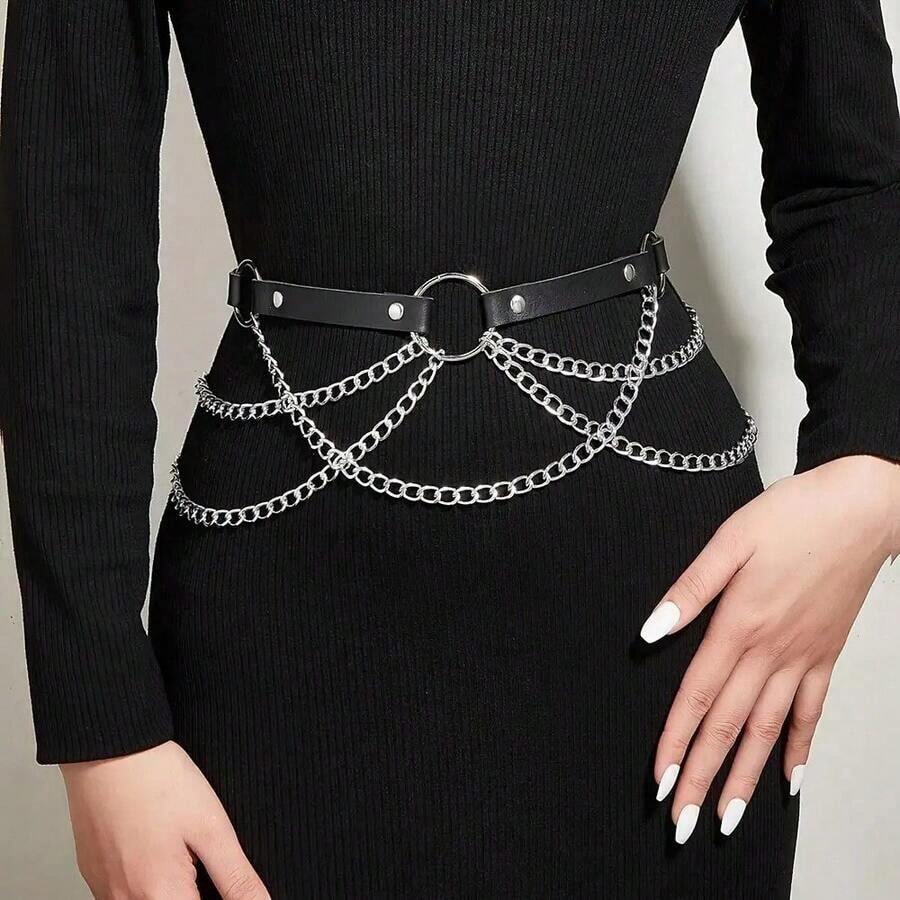 1pc Gothic-Style Adjustable Waist Chain Belt With PU Leather Strap, Chain Pendant, And Comfortable Harness Design For Fashionable Outfit - màu đen - Xem 1