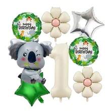 8pcs Koala Foil Balloons - Cute Sitting Design, Cream-Colored Numbers 1-6 Balloon Set, With Green & Silver Stars, Beige Flowers, Round Balloons, Suitable For Birthday, Anniversary, Wedding, Valentine's Day Party Decor, Home Decoration, Atmosphere Setting - Beige - View 8