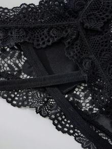 DORSU 3 件套 性感低腰时尚蕾丝透气性感翘臀女式丁字裤 黑色