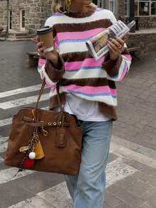 2025 Nuevo suéter casual de mujer de manga larga con cuello redondo, contraste de color a rayas, material de lana, Otoño/Invierno