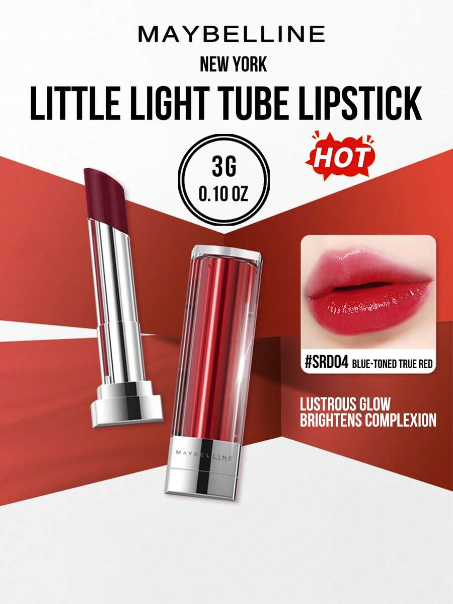 Maybelline LITTLE LIGHT TUBE LIPSTICK #SRD04 Blue-Toned True Red 3G/0.10OZ, LUSTROUS GLOW BRIGHTENS COMPLEXION, RICH COLOR SHINY GLOW HYDRATING GLASSY PLUMP LIPS, 8H Non-DryNESing &Wrink 3-Step Easy Application for Natural Sweet Vibes Daily Makeup & Plump 3D Lips