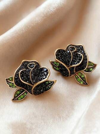 一对复古水钻玫瑰花耳环，时尚百搭