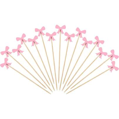 4.72inch Pink Bow Bamboo Skewers, 10/50/100PCS Handmade, Suitable For Fruit, Cake, Bread, Appetizers, Handmade Bamboo Appetizer Skewers With Pink Bow, Food Picks For Wedding, Party, Picnic, Outdoor BBQ