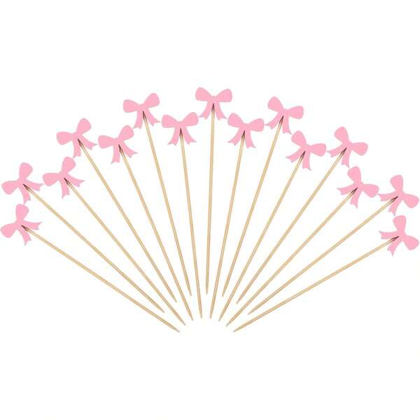 4.72inch Pink Bow Bamboo Skewers, 10/50/100PCS Handmade, Suitable For Fruit, Cake, Bread, Appetizers, Handmade Bamboo Appetizer Skewers With Pink Bow, Food Picks For Wedding, Party, Picnic, Outdoor BBQ