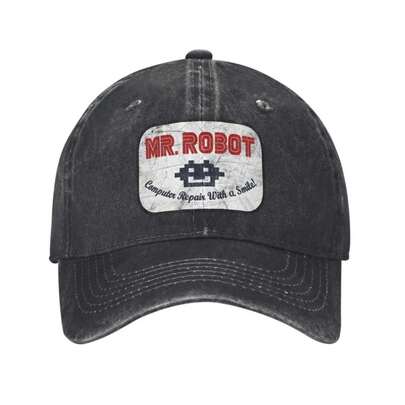 Gorra de béisbol con estampado de sonrisa de la serie de televisión clásica "Mr. Robot Computer Repair", de mezclilla vintage desgastada y ajustable, para uso en exteriores