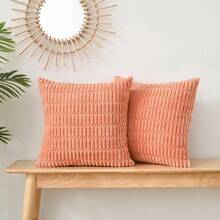 Volcanics Pack Of 2 Corduroy Decorative-Throw-Pillow-Covers-18x18, Soft Striped Square Cushion Cases, Modern Farmhouse Boho Home Decor, Coral,18inchx18inch(Packof2),Coral - Coral - 查看 4