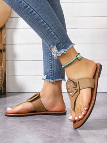 1 Pair Solid Color Elegant Fashion Slip-On Beach Flip Flops, Suitable For Indoor And Outdoor Wear, Summer - Brown - View 4