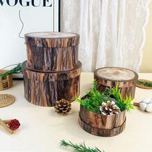 4件套圆形仿木纹嵌套礼盒套装，适用于婚礼、生日、节日等场合，手工礼品包装，派对收纳盒