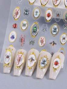 1pc 5D Embossed Insect Nail Decals Colorful Vintage Photo Frame Ladybug Butterfly Spider Centipede Pattern DIY Nail Art Decoration Slider, Manicure Art Accessories Tools, Beautiful Gift For Girl - Nhiều màu - Xem 4