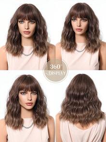 14 Inch Short Wave Curly Wig With Bangs Ombre Brown Wig Heat Resistant Synthetic Wigs Hair Suitable Women Daily Party Use - Brown Ombre - View 8