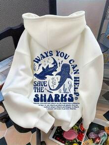 Winter Clothes For WomenProtect Marine Life Shark Print Autumn Clothes, Women Back To School Loose Fit Drop Shoulder Casual Hoodie SweatshirtLoose And - 白色 - 查看 10