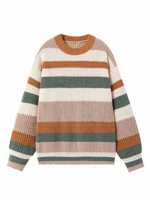 Women's Casual Colorblock Striped Drop Shoulder Long Sleeve Sweater, Christmas & New Year - Multicolor - View 5