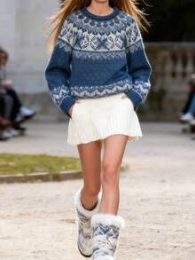 秋冬女装时尚优雅简约日常撞色费尔岛元素图腾几何图案小设计插肩长袖圆领毛衣，女士图案毛衣，波点上衣，女士休闲套头毛衣，优雅女士套头毛衣，女士感恩节毛衣，圣诞节套头毛衣，女士万圣节服装，女士秋冬女装，女士冬季毛衣 - 藍白色 - 查看 4