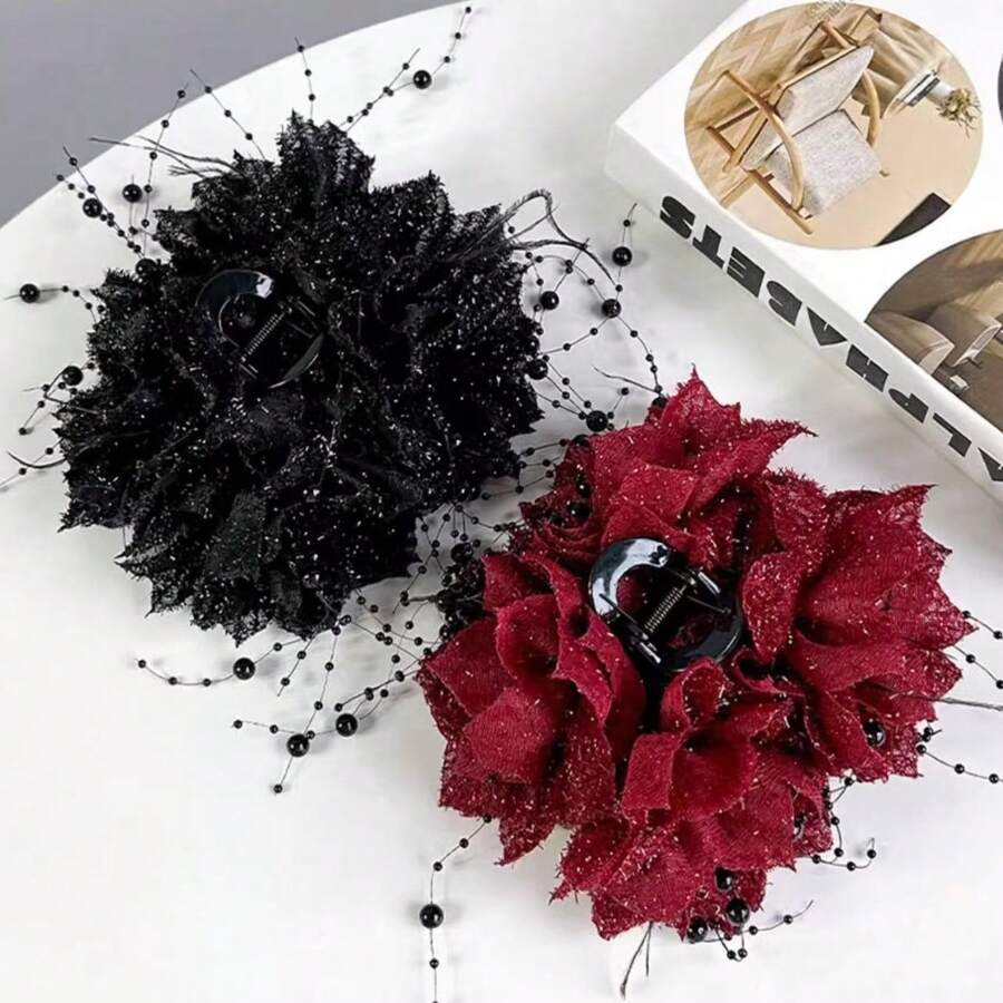Tassel Shark Clip Hair Volume Enhancer Elegant Versatile Shiny Silk Flower Claw Clip New Elegant New Elegant Hair Accessory - A 177紅色雙花抓夾 - 查看 1