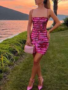 Women's Solid Color Halter Bodycon Dress, Women's Party Sequined Fitted Dress, Women's Fitted Mini Dress - 玫紅色 - 查看 4