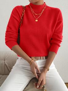 大码纯色立领针织毛衣 - 紅色 - 查看 5