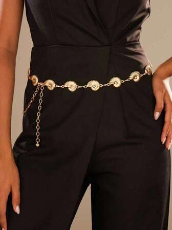 1 pieza Cadena de cintura de mujer versátil con concha metálica, cinturón de vestir de moda, adecuado para primavera, verano, otoño/invierno, fiesta de boda, ajustable