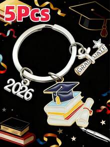 5 piezas Llavero unisex de graduación 2025-2026, llavero de gorra de graduación de aleación con forma de gota de aceite, regalo de recuerdo de ceremonia de graduación, colgante para mochila y bolso