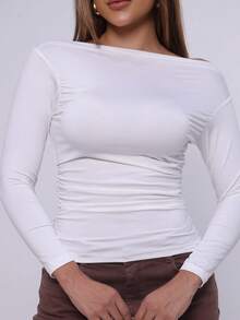 Women's Basic Long-Sleeve Blouse, Elegant, Cool Knit Fabric, Boat Neck, Perfect For Christmas And Parties, Comfortable - trắng - Xem 6