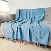 Set Of 2 Throws For Sofa Or Bed, 100% Cotton, Size 210x120, Decorative And Protective Cover For A New And Elegant Home - 淺藍色 - 查看 2