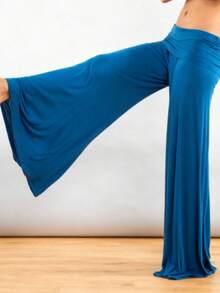 Womens Foldover Pants - Ultra Soft Stratum Tech Performance Elastic Mid Rise Wide Leg Casual Lounge Yoga Pants - Blue - View 6