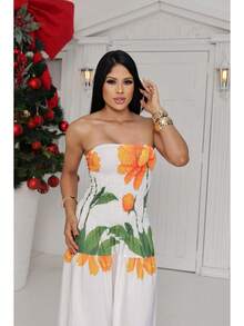 July Strapless Tropical Dress In Various Prints, 2025 Collection - White/orange - View 3