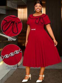 AOMEI 大码女式红色连衣裙，圆领撞色短袖系带A字中长连衣裙，带蝴蝶结，圣诞节连衣裙，新年连衣裙，优雅夏季款 - 紅色 - 查看 1
