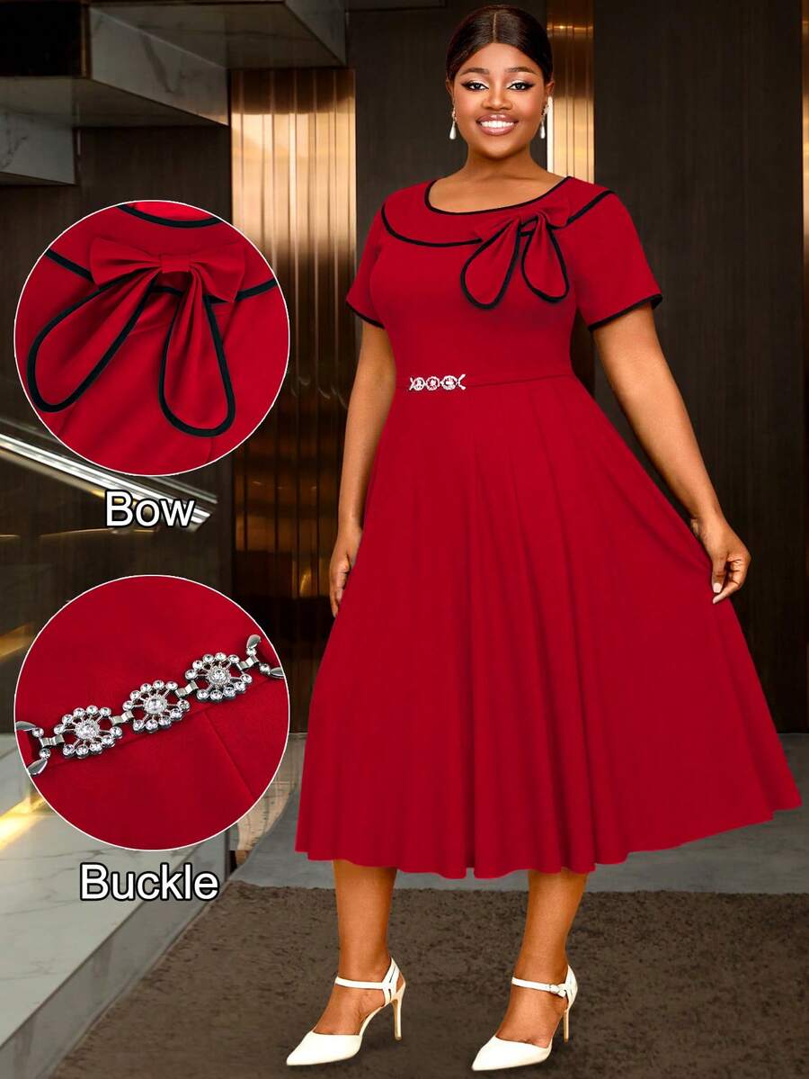 AOMEI 大码女式红色连衣裙，圆领撞色短袖系带A字中长连衣裙，带蝴蝶结，圣诞节连衣裙，新年连衣裙，优雅夏季款 - 紅色 - 查看 1