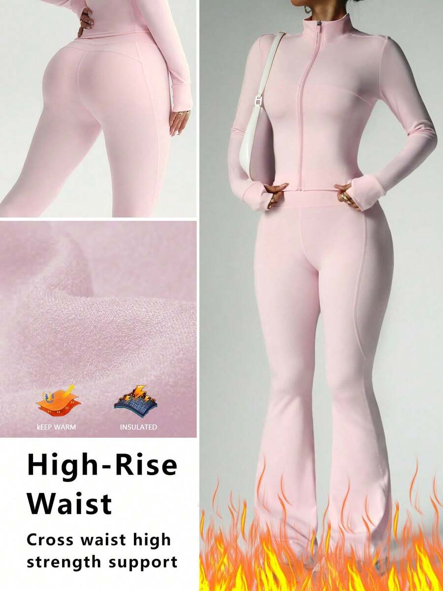 FWH Quần legging ống loe cạp cao phối cùng áo khoác cổ cao có lỗ xỏ ngón cái thoải mái, bộ đồ nỉ ấm áp phù hợp cho cả đi chơi và tập gym, áo khoác cổ cao có lỗ xỏ ngón cái và quần ống loe cạp cao, bộ đồ 2 mảnh giữ ấm cho nữ. - Hồng - Xem 1