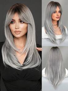 7JHH WIGS Elegant 24 Inch Gray Ombre Wigs For Women - Modest Fashion Long Layered Wig With Curtain Bangs Dark Roots, Heat-Resistant Full Machine Synthetic Fiber Hair Wigs For Daily Party Use Valentine's Day Present, Wig Accessories - 漸變灰色 - 查看 2