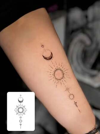 1 件时尚简约宇宙星座临时纹身贴纸，手臂日月线条假纹身，暗黑风格小众临时贴纸，适合时尚前卫人士