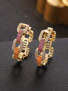 1 par de pendientes de estilo bohemio con cadena, circonita cúbica colorida para mujer, chapado en oro, de alta gama y glamoroso, diseño con diamantes completos, con circonita súper brillante incrustada, para uso diario, regalo ideal para novia, regalo del Día de San Valentín, platos de Ramadán, regalo de Eid Al-Fitr, obsequio de Eid Al-Fitr - Pendientes coloridos - Ver 6