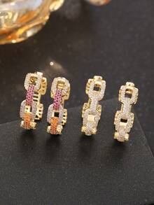 1 par de pendientes de estilo bohemio con cadena, circonita cúbica colorida para mujer, chapado en oro, de alta gama y glamoroso, diseño con diamantes completos, con circonita súper brillante incrustada, para uso diario, regalo ideal para novia, regalo del Día de San Valentín, platos de Ramadán, regalo de Eid Al-Fitr, obsequio de Eid Al-Fitr - Pendientes coloridos - Ver 2