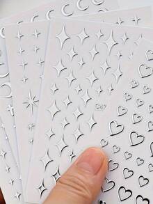6pcs/Set Sparkling Silvery Chrome Color Nail Art Stickers - 3D Y2K Star, Moon Heart & Cross Nail Decals Sliders For DIY Manicure, Self-Adhesive Decals Perfect For Valentine's Day Nail Art Decorations Sticker - 銀色 - 查看 3