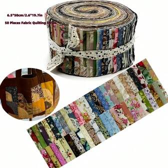 50pcs Mixed Color Printed Cotton Fabric Strips, 1 Roll Pre-Cut Patchwork Quilting Material For Scrapbooking, DIY Doll Clothes, Sewing Crafts, Arts And Crafts Kits