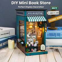 WSXC Book Nook DIY Miniatures Book Nook Kit Store 3D Creative Decorative Bookend Bookshelf Insert Wooden Puzzle With Led Suitable For Teenagers Adults Halloween Christmas Decoration Gifts Blue - 如圖 - 查看 2