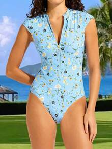 Womens Short Sleeve One Piece Swimsuits 2026 Modest Rash Guard, Zip Up High Neck Full Coverage Bathing Suits - Sky Blue - View 3