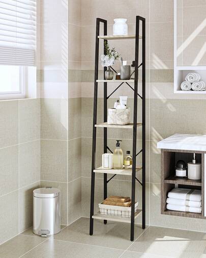 Hzuaneri Ladder Shelf, Bookshelf Bookcase, Freestanding Corner Storage Shelve With 2 Hooks For Home Office, Living Room, Kitchen, Bedroom, Industrial, 5-Tier Greige